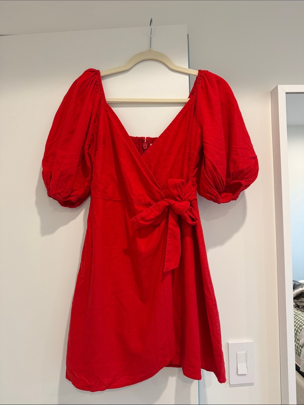 Abercrombie & Fitch Red Puff-Sleeve Wrap Dress with Waist Tie Linen Cotton Small